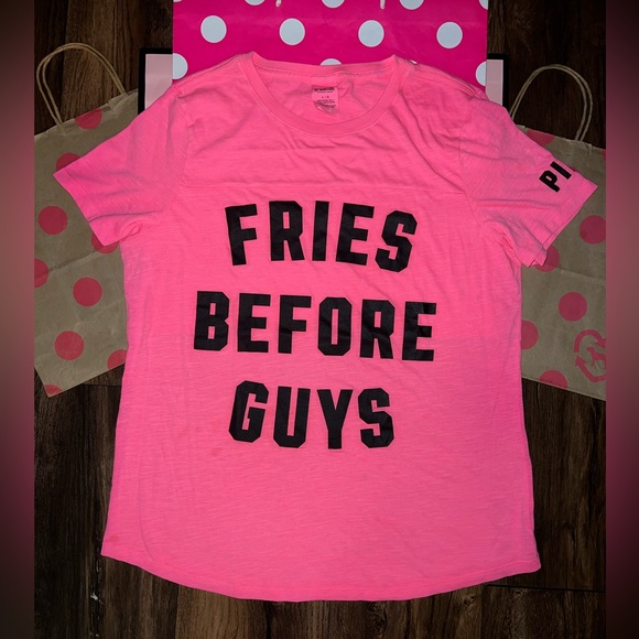 VS PINK Size LARGE Neon Pink “Fries Before Guys” Logo Tee. - Picture 5 of 6